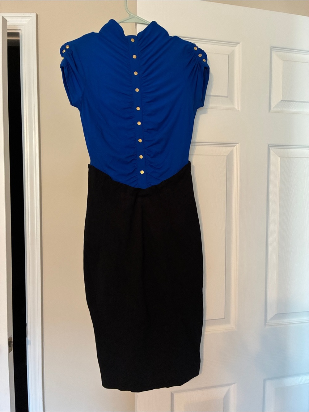 Cache Blue and Black Two-Tone Midi Dress with Gold Buttons